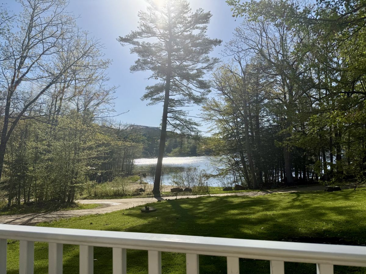 Peaceful lakefront property featuring lush green lawn, mature trees, and a serene waterfront setting perfect for a tranquil getaway.